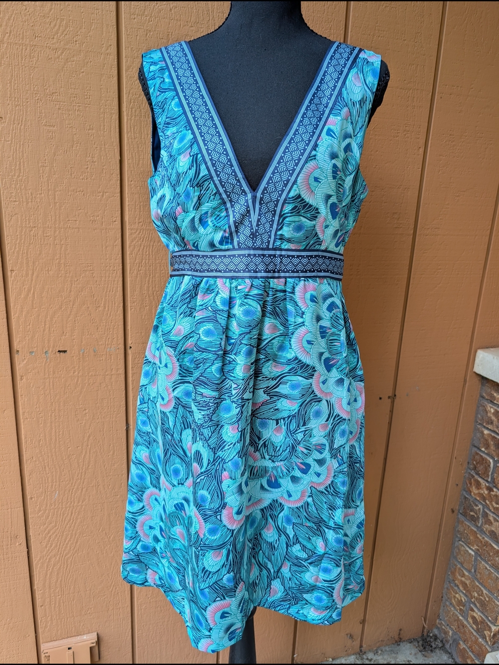 H&M Blue Aqua Floral Peacock Print V-Neck Dress Women's 10